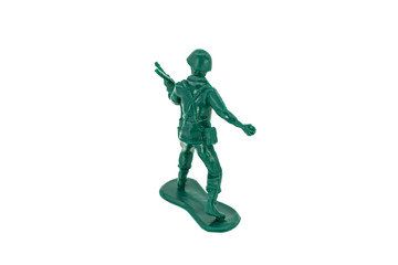 Fototapeta na wymiar Green toy soldiers on white background. Soldier two on six models. (2/6) Picture twelve on sixteen viewing angles. (12/16)