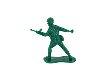 Fototapeta na wymiar Green toy soldiers on white background. Soldier two on six models. (2/6) Picture thirteen on sixteen viewing angles. (13/16)