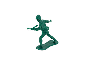 Fototapeta na wymiar Green toy soldiers on white background. Soldier two on six models. (2/6) Picture fourteen on sixteen viewing angles. (14/16)