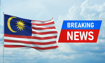 Breaking news. World news with backgorund waving national flag of Malaysia. 3D illustration.