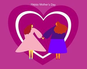 Vector cartoon character art drawn flat design happy Mother’s Day, heart pattern beautiful pink pastels color background mother and daughter love holding hand Mother’s Day concept 