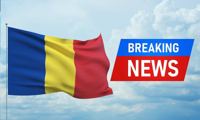 Breaking news. World news with backgorund waving national flag of Romania. 3D illustration.