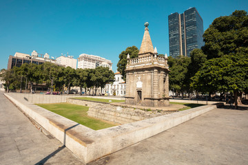 Rio de Janeiro, Brazil - July 11, 2019. Monument at Praça fifteen de Novembro and arcos do tele in the city center of Rio de Janeiro, Brazil. © wtondossantos