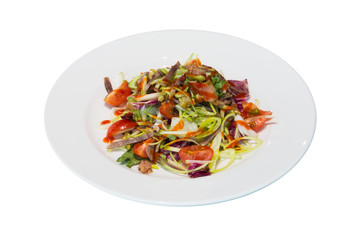 A portion of beef tongue salad with vegetables on a white plate. on white background