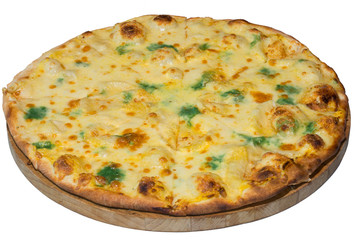 finished whole round pizza with different types of cheese on a wooden tra