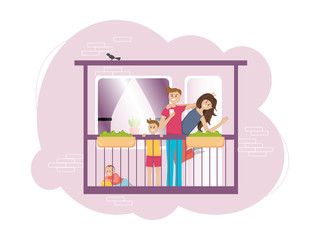 Vector poster. Drawn in flat style. Family of mom, dad and children standing on the balcony. For industries, business, warning for citizens, design posters and banners.