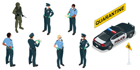 Isometric police officers in medical masks and gloves. Quarantine Control. Coronavirus Prevention. Police characters and police car. © Golden Sikorka