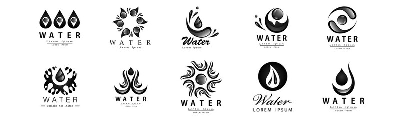 Water Splash Vector And Drop Set - Isolated On White Background. Vector Collection Of Flat Water Splash and Oil Drop Logo. Icons For Droplet, Water Wave, Rain, Raindrop, Company Logo And Bubble Design