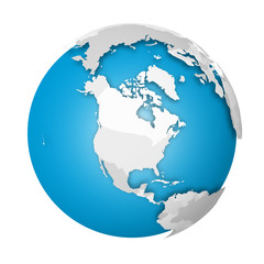 Earth globe. 3D world map with grey political map of countries dropping shadows on blue seas and oceans. Vector illustration