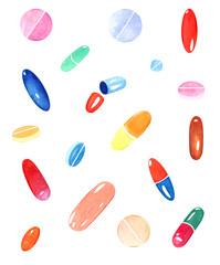 Watercolor illustration. Set of multicolor pills. Can be used as a seamless pattern, as single icons, also for stickers, packaging, wrapping paper, wallpaper, design, printing, textiles, fabrics.