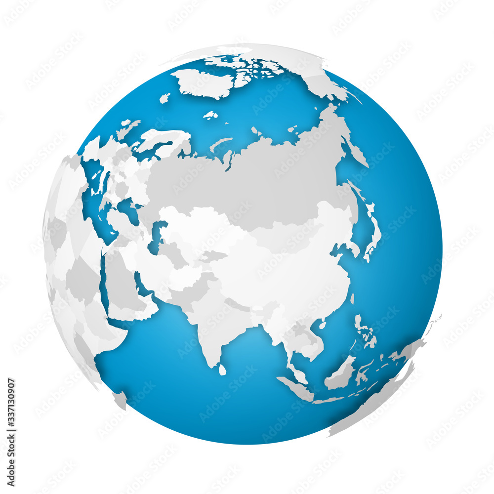 Sticker earth globe. 3d world map with grey political map of countries dropping shadows on blue seas and oce - Stickers