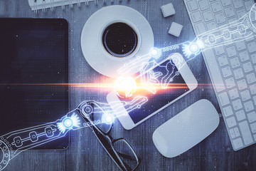 Multi exposure of technology theme drawing over work table desktop. Top view. Global data analysis concept.