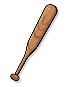 Cartoon wood baseball bat drawn in a cute style with flat colors and a shadow. Isolated on white. Can represent softball, sports, competition, playing outside and major leagues.