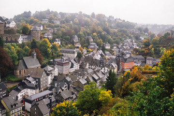 view of the city of Monschau from the top of a hill, Germany