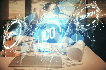 Double exposure of crypto technology theme drawing and office interior background. Concept of...