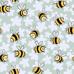 Seamless pattern with funny bees in cartoon technique. Cute insects fly over the meadow with flowers. Vector illustration for print, banner, textile, Wallpaper, fabric, etc