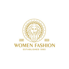 Indian women logo fashion with circle mandala design vector template