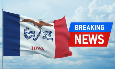 Breaking news. World news with background waving flag of the states of USA. State of Iowa flag. Pandemic 3D illustration.