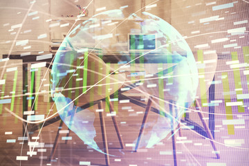 Double exposure of business theme drawing and office interior background. Concept of success