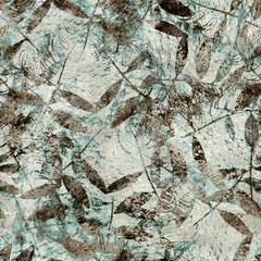Seamless faded scratched distressed messy montage stock graphic design with floral elements. Detailed realistic ragged crumpled grungy worn collage motif. Seamless repeat raster jpg pattern swatch.