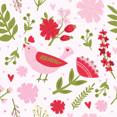 Provence seamless vector cute bird pattern with wild poppy flower in a flat style. Floral fabric animal, summer illustration on a white background.