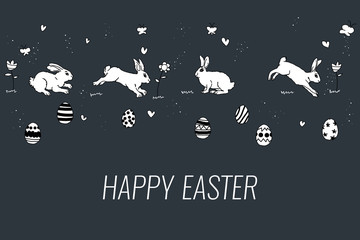 Fototapeta na wymiar happy easter, Cute hand drawn Easter horizontal seamless pattern with bunnies