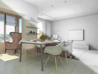 3d illustration of small apartments in pastel colors. Interor design living room and kitchen in modern style