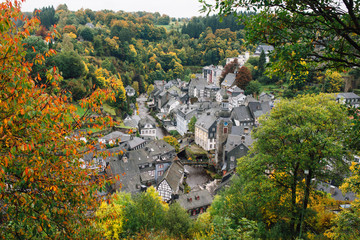 view of the city of Monschau from the top of a hill, Germany