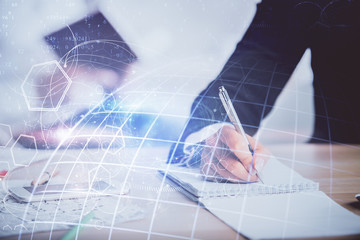 Double exposure of map drawing over people taking notes background. Concept of international connection