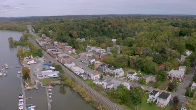 Aerial View Over the small riverfront town of Castleton by the Hudson