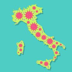 Viral epidemic in Italy. Map of Italy with virus. Coronavirus epidemic in italian country. Conceptual.