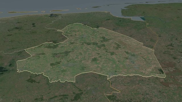 Drenthe, province with its capital, zoomed and extruded on the satellite map of Netherlands in the conformal Stereographic projection. Animation 3D