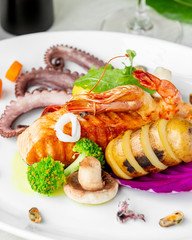 close up of seafood plate with grilled salmon octopus shrimp and mussels