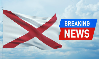 Breaking news. World news with background waving flag of the states of USA. State of Alabama flag. Pandemic 3D illustration.