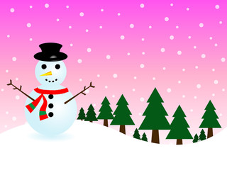 snowman and christmas tree on snow and pink background in merry christmas festival. Illustration EPS10