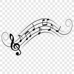 Music notes, wave with swirls, isolated, vector illustration.