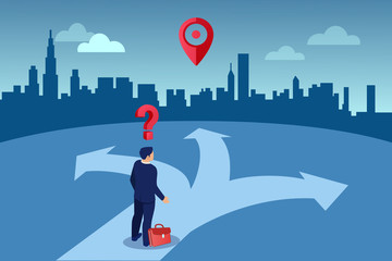 Vector of a doubtful businessman standing at crossroads selecting the best solution in crisis