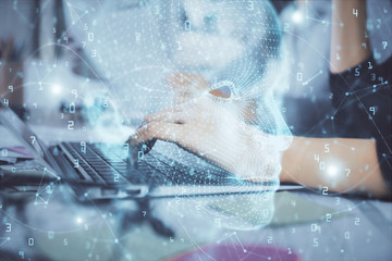 Multi exposure of woman hands working on computer and brain hologram drawing. Ai concept.