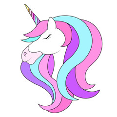 Unicorn head, isolated on white, vector illustration.