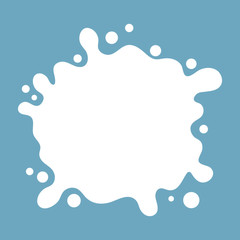 White milk splash with drops, isolated on blue background, vector illustration.