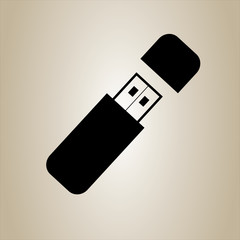Black usb flash drive icon with cover, vector isolated on brown background. Connectors and sockets for PC and mobile devices.