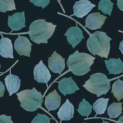 Botanical ornament pattern. Watercolor illustration, wrapping paper, print, seamless pattern. Art illustration. Green leaves on a dark background.