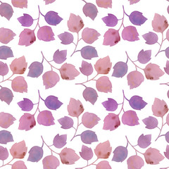 A drawing of graceful purple leaves. Botanical leaf pattern. Watercolor illustration on isolated background, seamless pattern. Art illustration