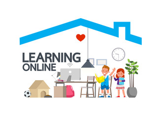 Distance learning online education classes for children during coronavirus. Social distancing, self-isolation and stay at home concept. Kid character vector design.