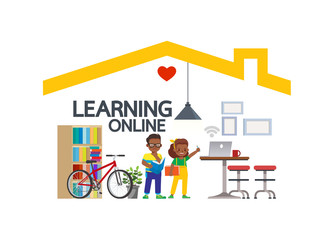 Distance learning online education classes for children during coronavirus. Social distancing, self-isolation and stay at home concept. Kid character vector design. no4