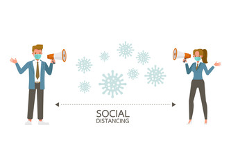 Social distancing, self-isolation concept. Businessman and woman standing away to prevent coronavirus character vector design.