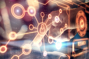 Double exposure of man's hands holding and using a phone and social network theme drawing.