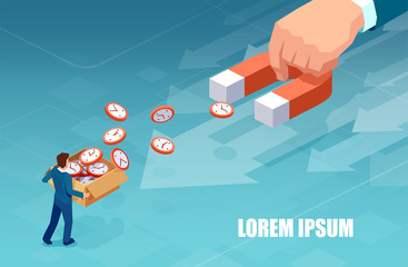 Vector of a big business with magnet attracting time value of a small entrepreneur