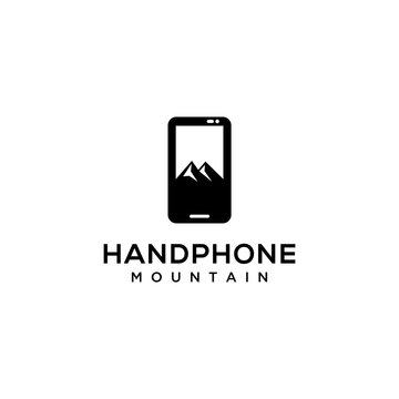 Modern minimalist hand phone with mountain sign logo design