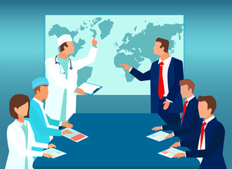 Vector of doctors having a meeting with business people on world map background